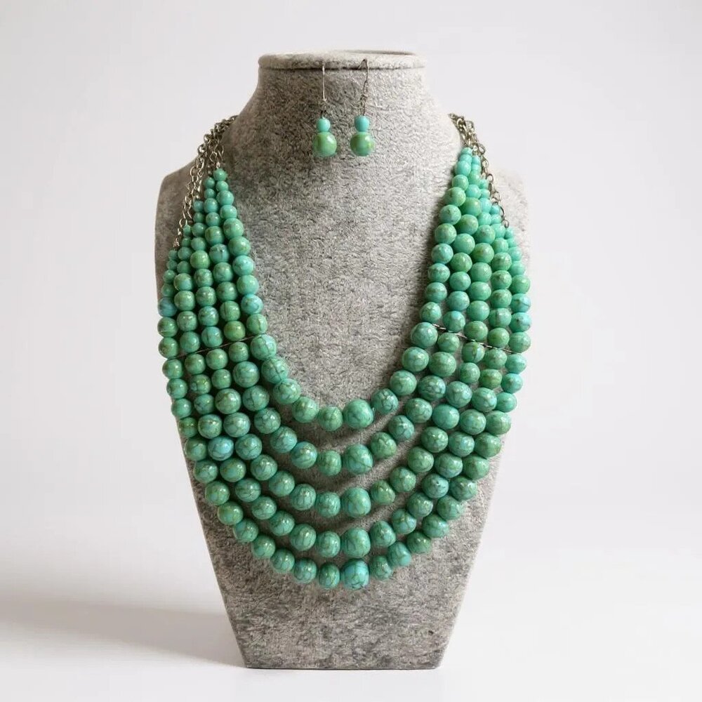 Five Layers Cracked Look Turquoise Lucite Bead Necklace Earring Set